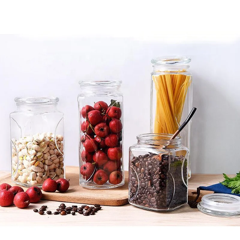 Embossed pattern square shape decorative glass flint candy jar