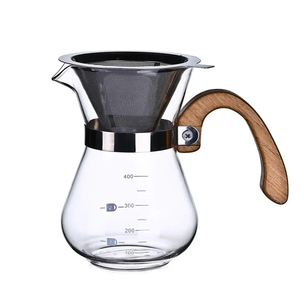 Pour Over Coffee Maker Glass Kettle Reusable Stainless Steel Paperless Filter Manual Coffee Dripper Brewer with Wooden Handle