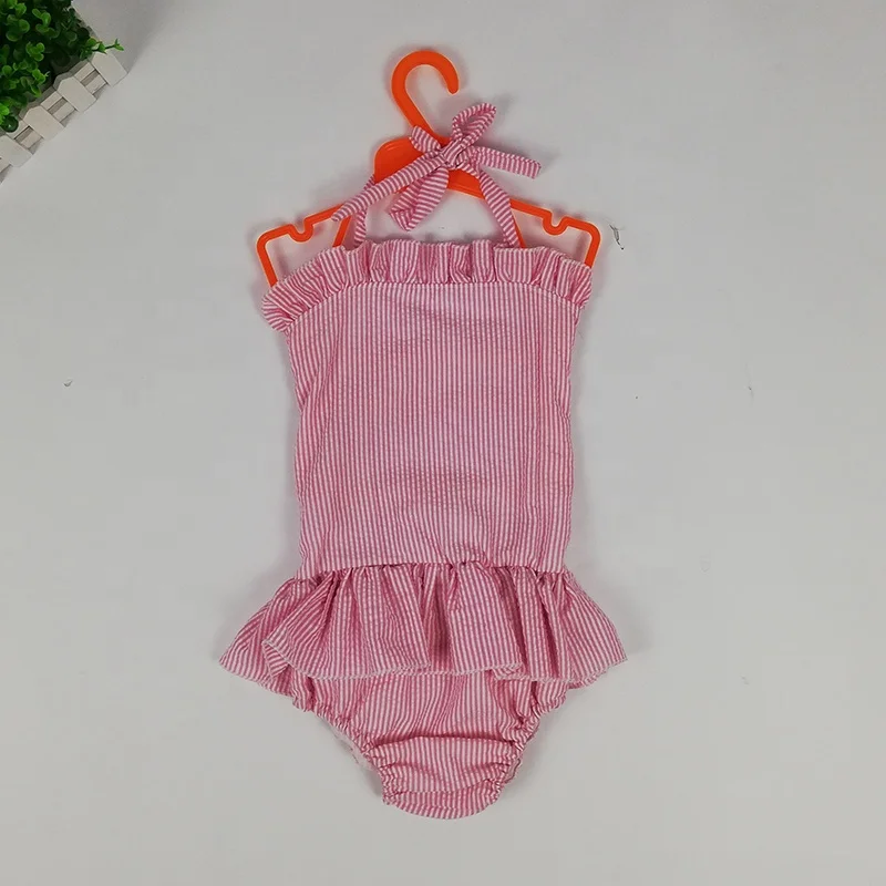 
High quality summer toddler clothes boutique kids swimwear baby girls seersucker swimsuit 