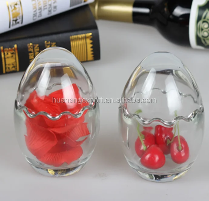 New design 85ml 100ml 200ml funny egg shaped glass jar for pudding with lid / egg shell shaped pudding glass jars candy jars