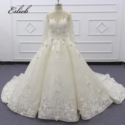Eslieb SJ196 real photo high neckline champagne heavy beaded  lace pearl lace embroidered muslim  wedding dress