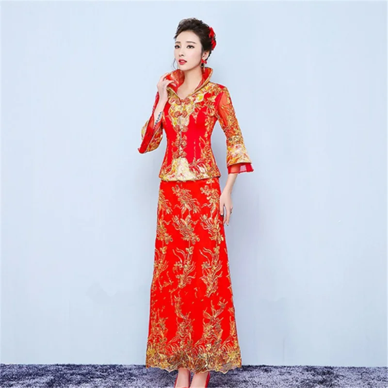 fashion Chinese ladies vintage bridal party sequin embroidered peacock Tang wedding cheongsam qipao dress
