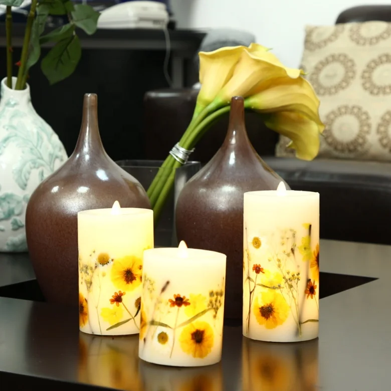 Battery operated moving flame led book scented candle with flower pattern