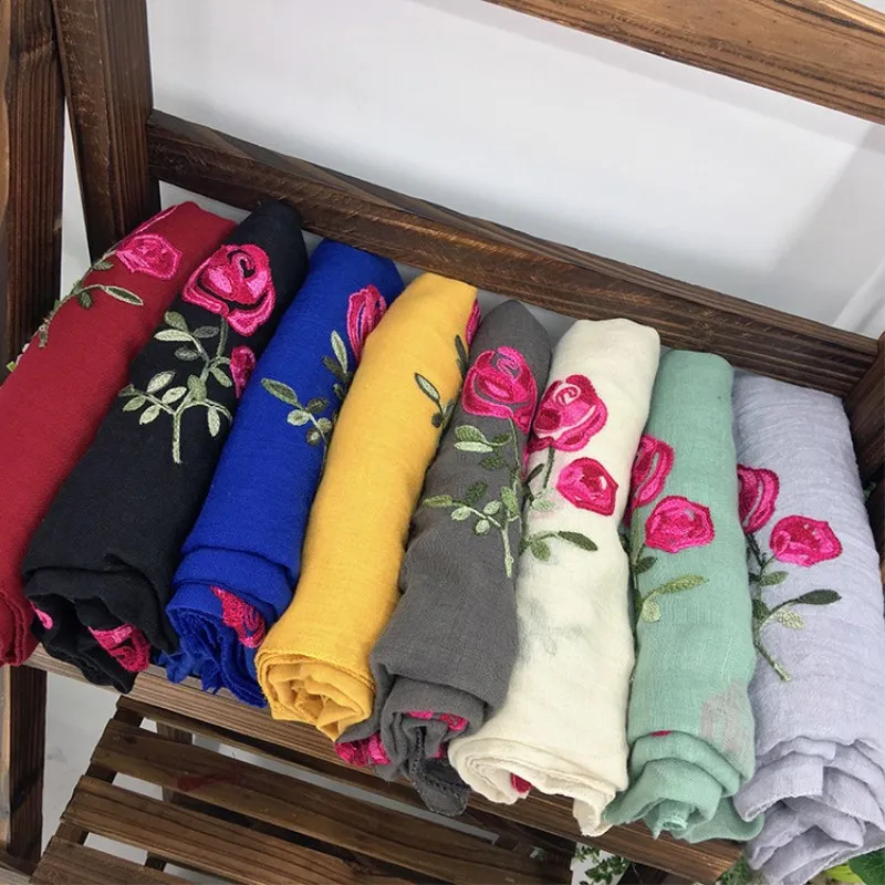 Luxury Long Embroidered Scarf Womens Cotton Scarves Rose Flower Embroidery Scarf Muslin Viscose Hijab 180*90cm