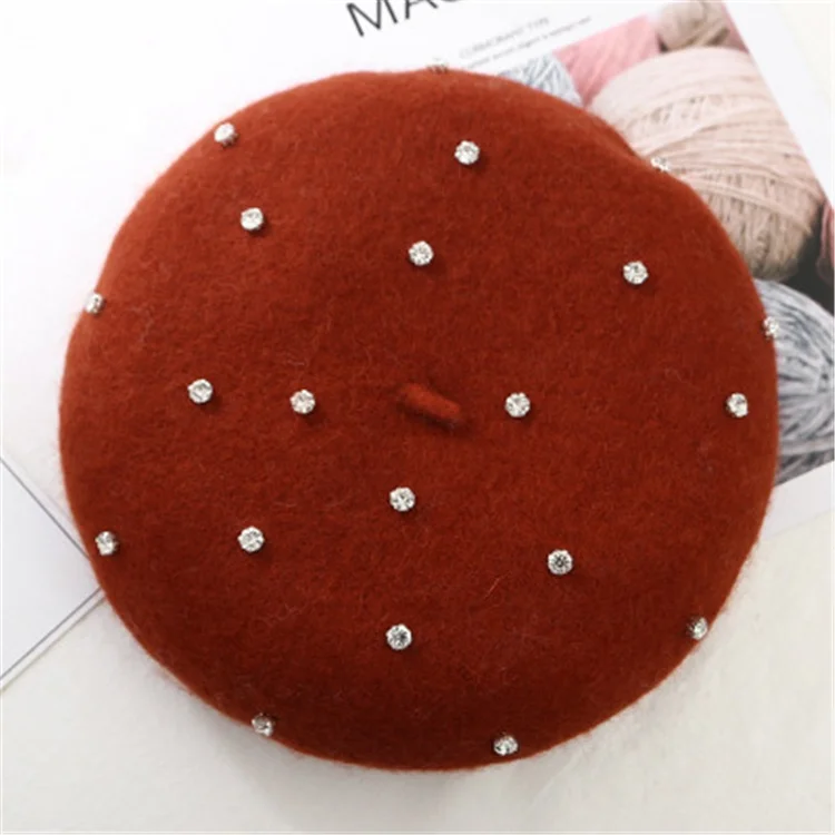 Autumn Winter Lady Handmade Pearl Decorative Wool Cap Star Pearl Beret