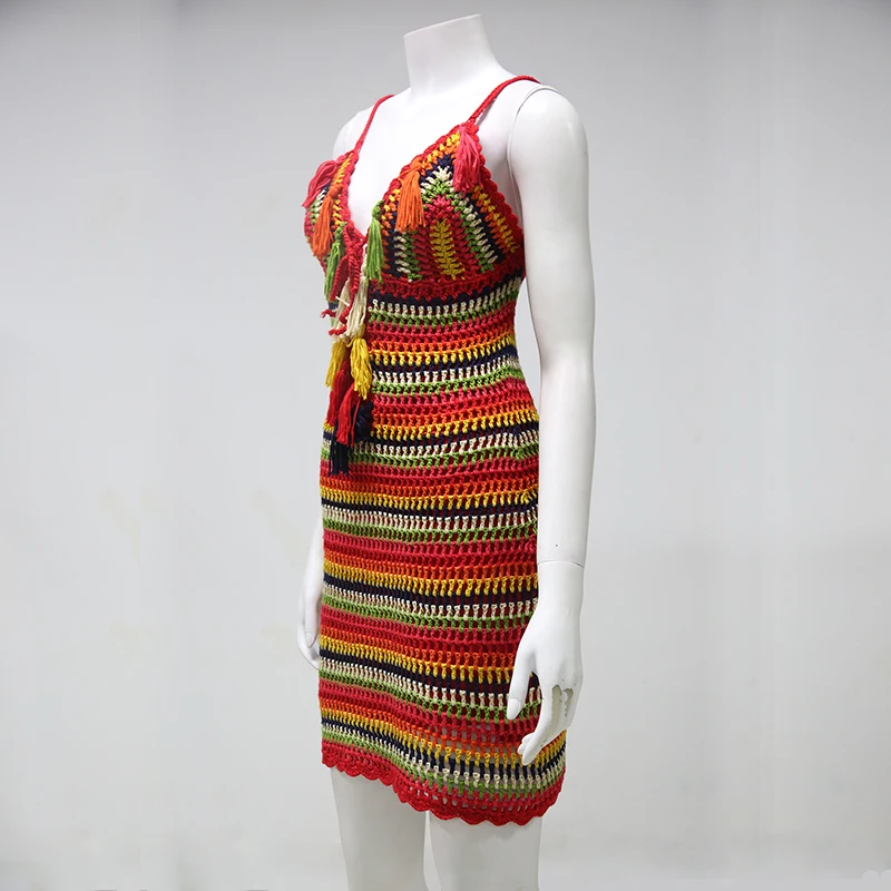 
Summer Women Colorful Sexy V Neck Cotton Short Dress Slim Spaghetti Strap Crochet Dress Elastic Backless Tassel Mini Dresses 