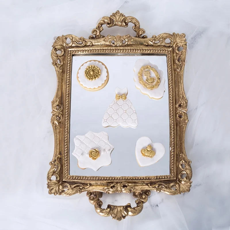 
European Style gold Decoration Custom Hotel Home Decor Antique serving Mirror Square Jewelry Resin Fruit Tray For Wedding luxury 