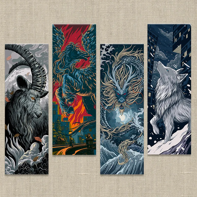 4 panel no frame chinese zodiac handmade Japanese style wall art bar personality animal canvas decorative oil painting
