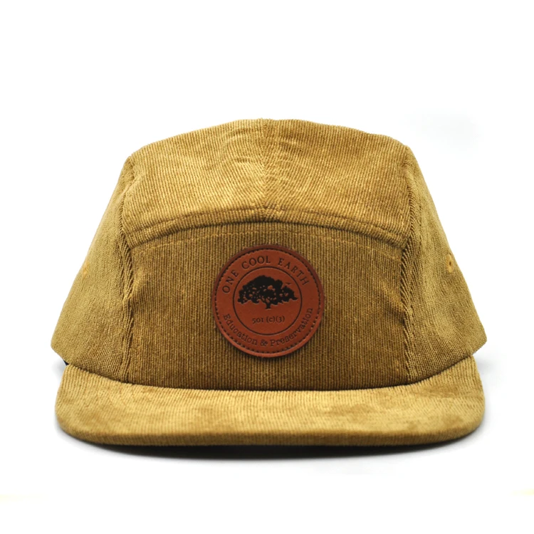 
custom high quality flat brim corduroy 5 panel hats with leather patch logo 