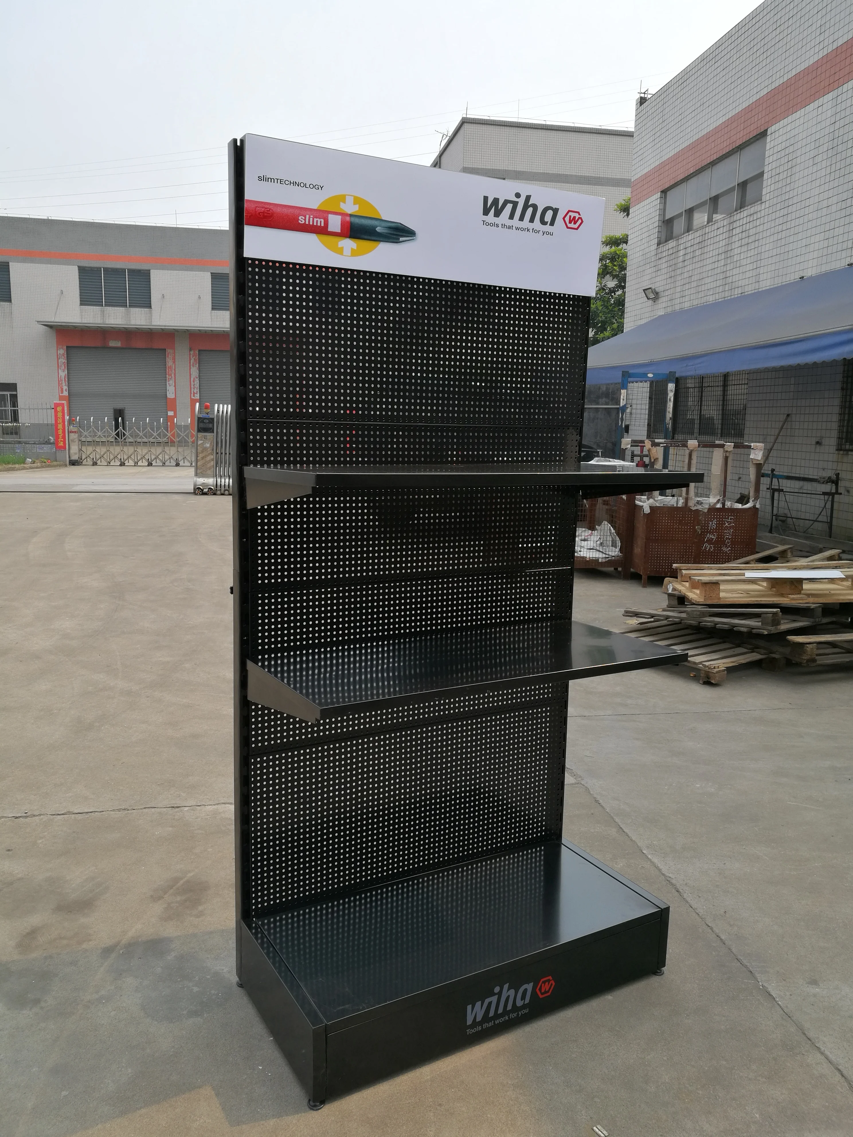 Custom flat advertising head perforated metal pegboard car tools accessories exhibitor exhibition display rack