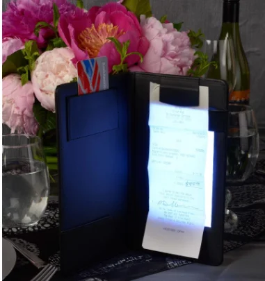 B347 led lighted check presenter, rechargeable LED illuminated bill holder light up bill covers for restaurant