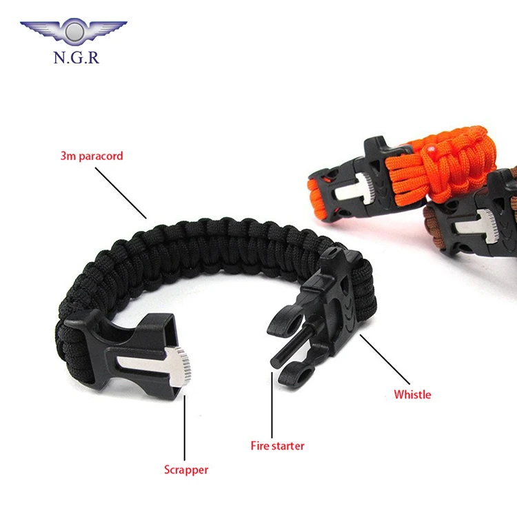 Factory Wholesale outdoor Emergency 550 survival bracelet with Whistle flint firestarter and Scraper