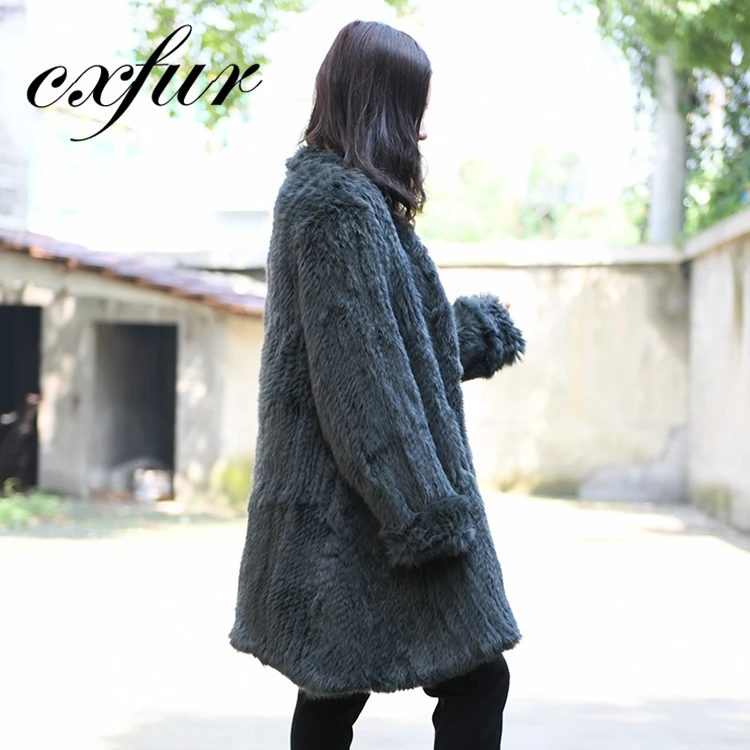 CX-G-A-139B Women European Style Long Hand Knitted Rabbit Fur Coat