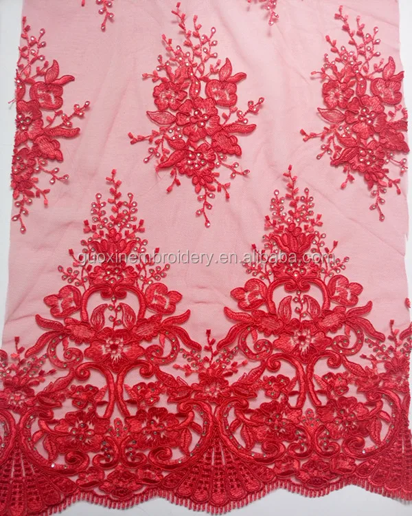Decorate with rhinestone red embroidery lace fabric for wedding dress/evening dress