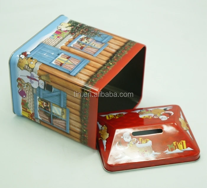 Rectangle money tin box with slot on top lid