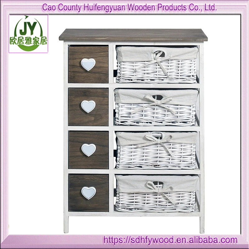 Wooden Drawer Cabinet Bedside Units Storage Willow Basket Wicker Chest white and brown