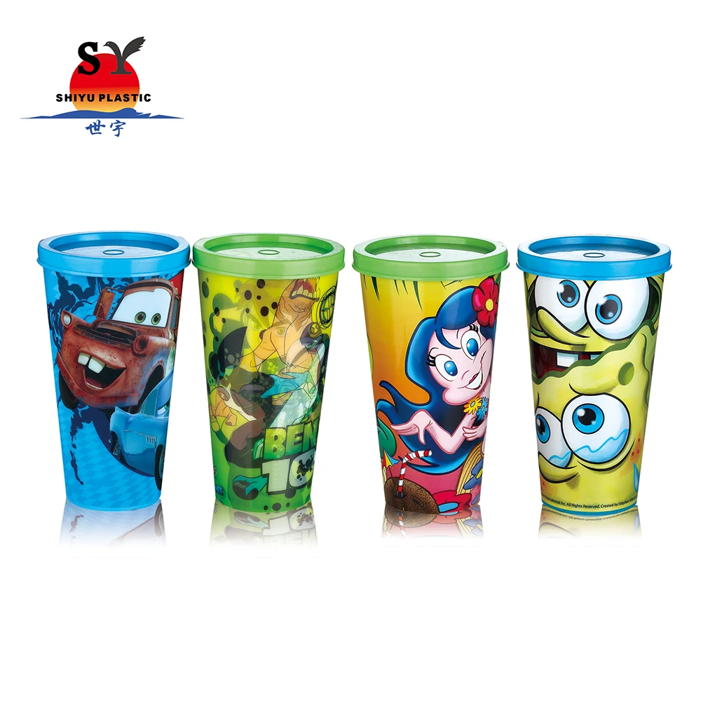 Low price 550ml cartoon snack reusable flower stackable branded 3d reusable kids drinking plastic cup with lids and straw