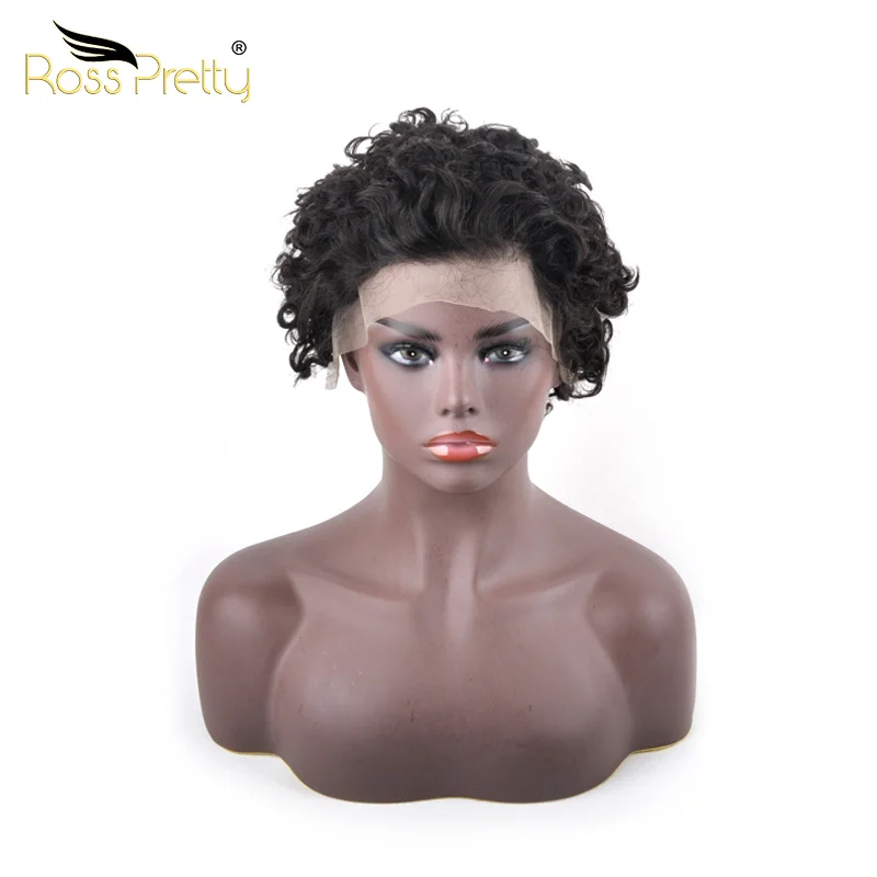 
Ross Pretty 10A quality unprocessed Peruvian human Hair cuticle aligned hair black pixie curly lace front wig 