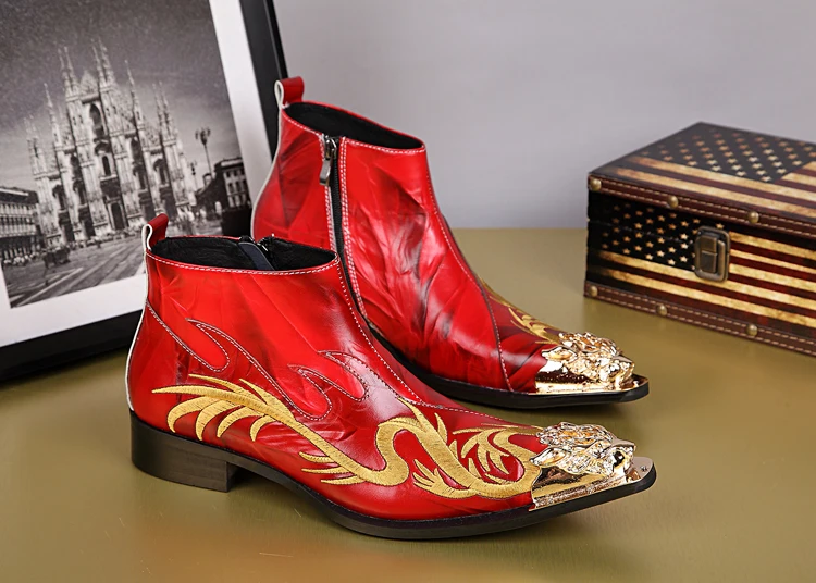 NA038 Fashion classic pointed toe men genuine leather Red Black Ankle boots Men Height Increased embroidered dragon Boots