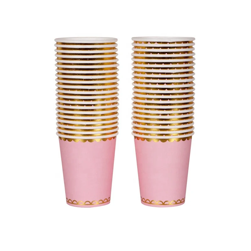 Оптовая продажа, новинка, лидер продаж, одноразовые бумажные стаканчики с розовыми золотыми краями 250 г/м2, 9 унций