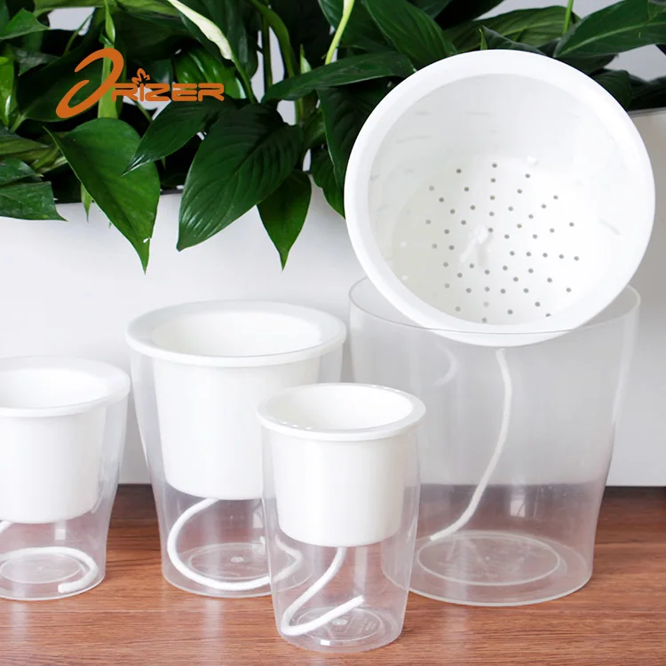 Factory direct sale self watering lazy round transparent ornamental plastic flowerpot