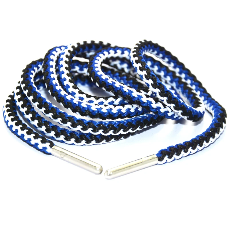 Factory price round braided 3 color jacquard nylon drawstring cord with metal tips for pants