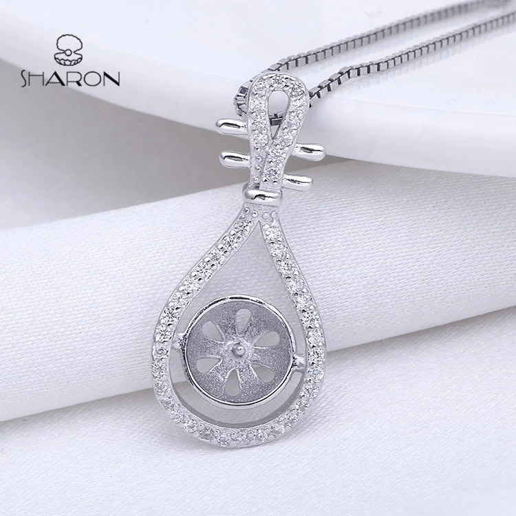 Popular Fashion Custom Sterling Silver Lute Musical Instrument Natural Pearl Pendant Necklace For Women