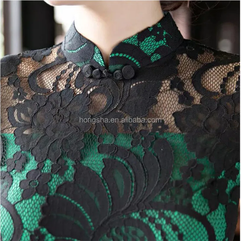 Women Plus Size Qipao Black Floral Lace Green Lined Short Mandarin Collar Dress Below Knee Sheath Dress HSQ9300