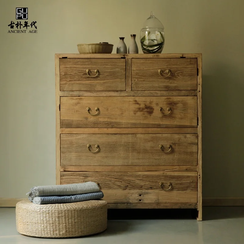 Chinese reclaimed rustic renewable storage furniture environmental-friendly recylcled wood simple 5-drawer cabinet
