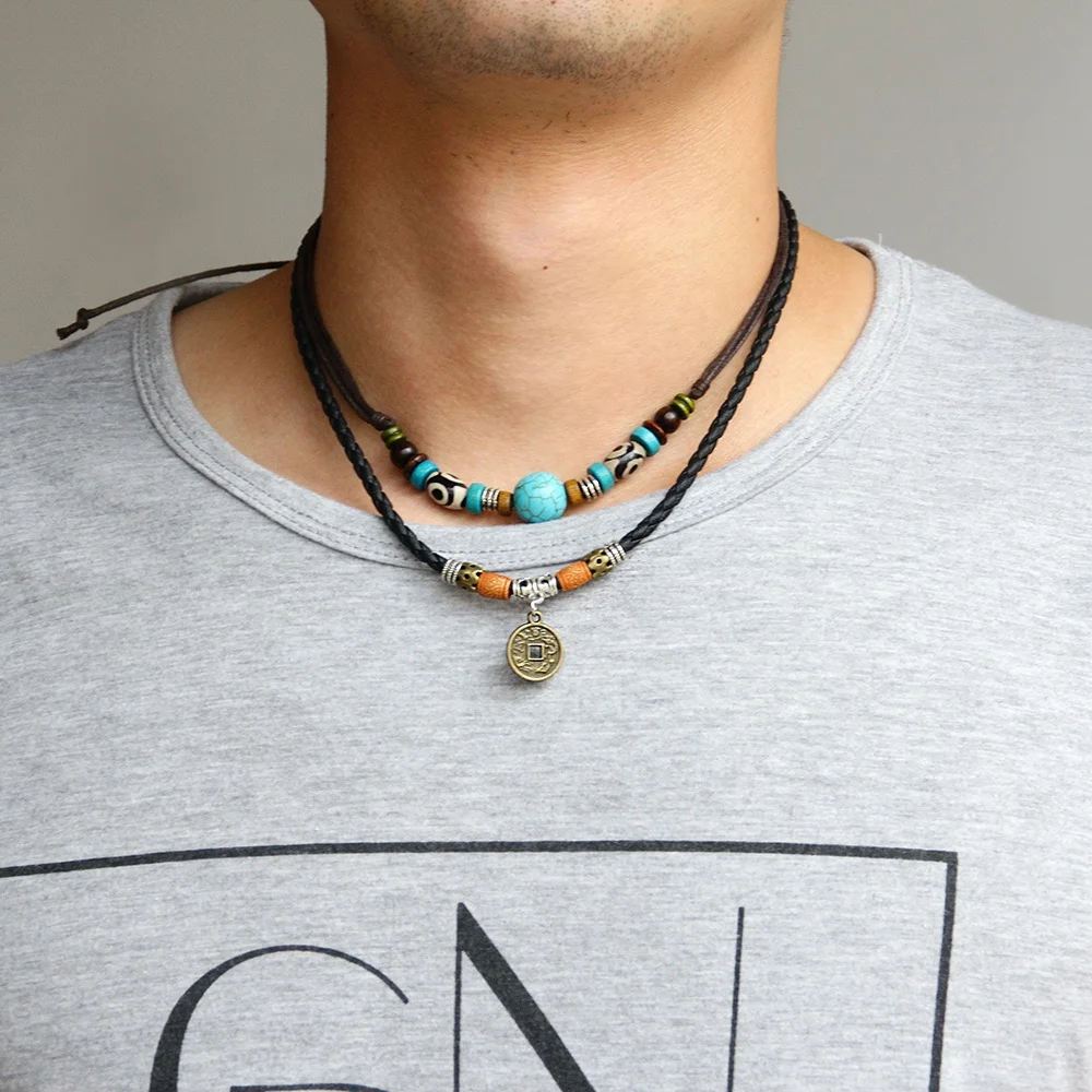 Vintage Ancient Coin Pendant Black & Brown Leather Ropes  Multiple Necklace Turquoise Natural Stone Beaded Necklace