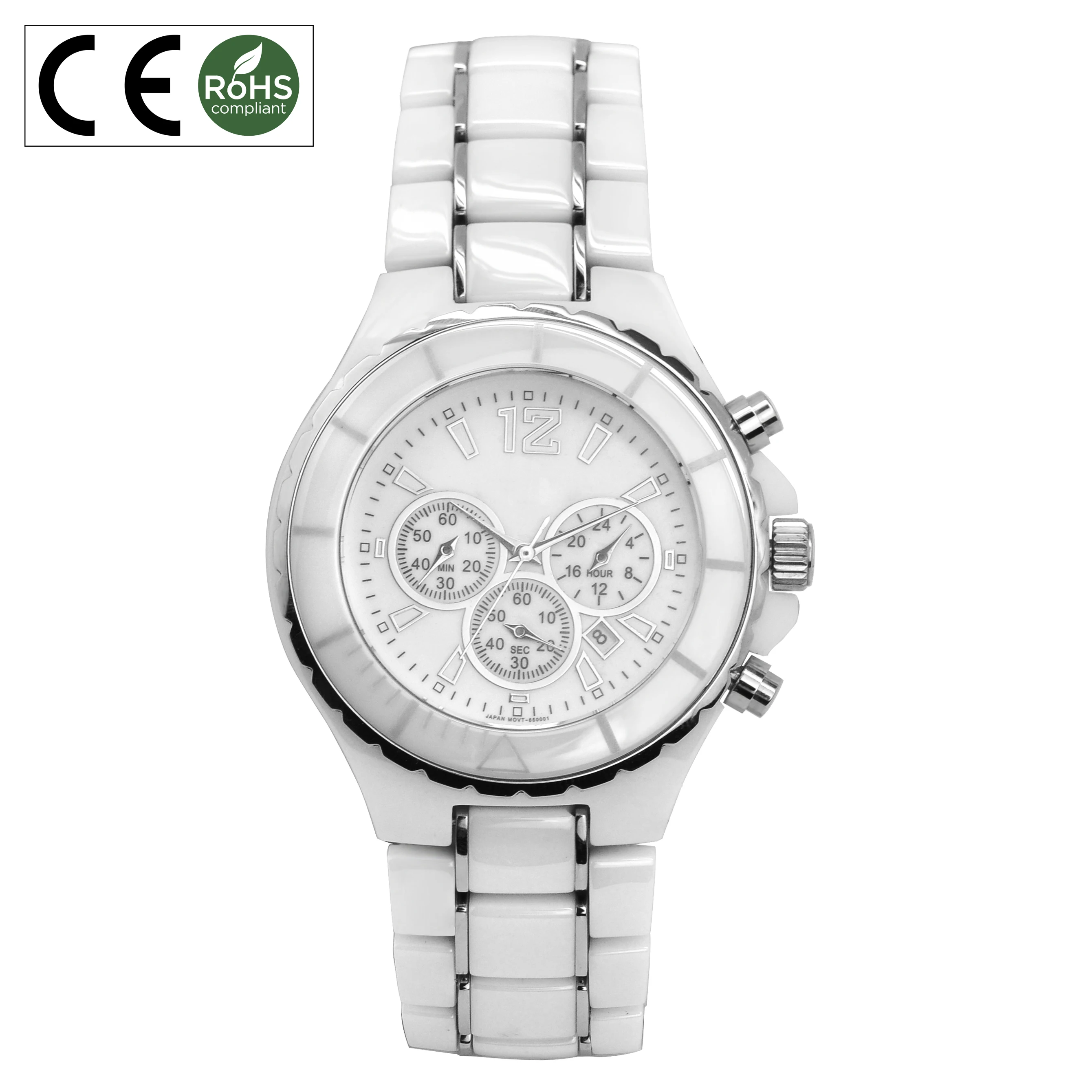 Big Case Chronograph Watch White Ceramic Watch Mens Ceramic Wrist Watch OEM Factory