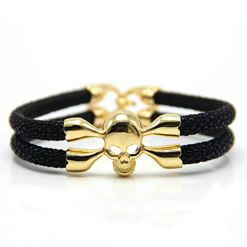 Wholesale Punk Cool Genuine Lovely Leather Skull Stingray Statement Bracelet African
