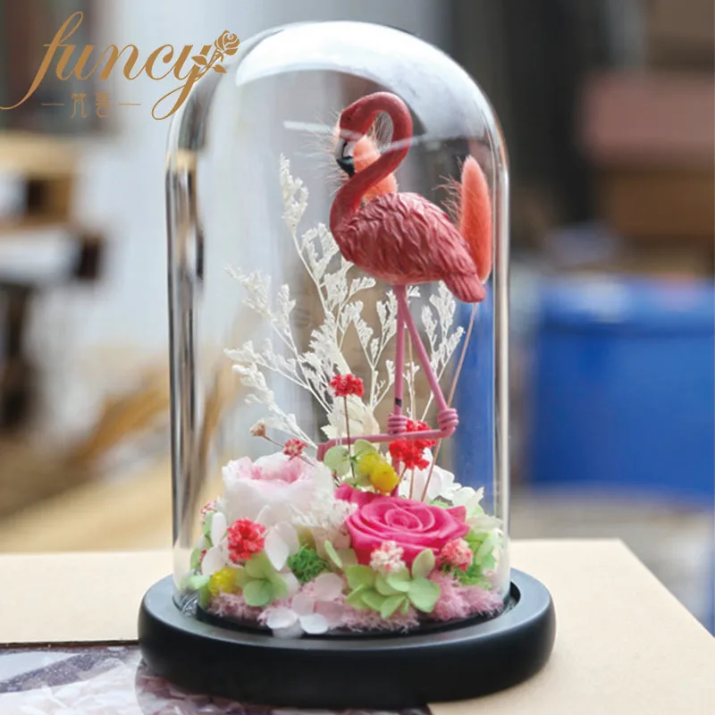 OEM Beautiful Thanksgiving Day Gift Flamingos Preserved Enchanted Rose Flower in Glass Tube
