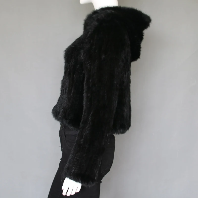 Wholesale hand knit real rabbit fur coat with hood fur style handmade rabbit fur jackets