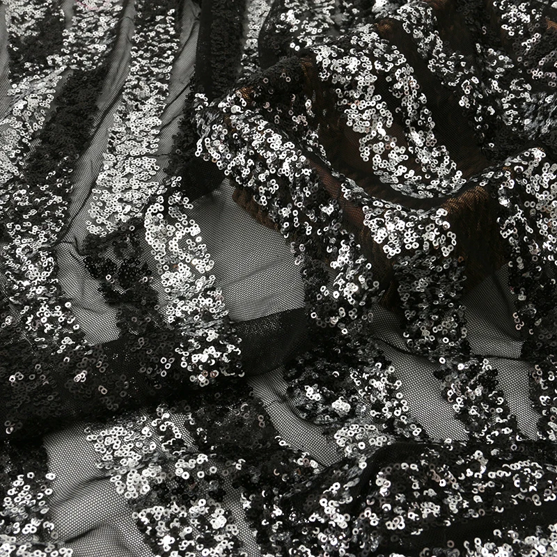 Wholesale polyester fashion breathable dress mesh silver black sequin fabric