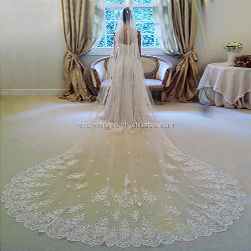 Luxury Cathedral 3.5M Wedding Veil Lace Pearls beaded bridal veil