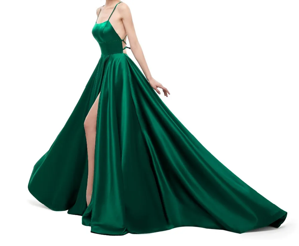 
Formal Satin Pleat Spaghetti Straps Side Split aline floor-length robe de soiree 2018 