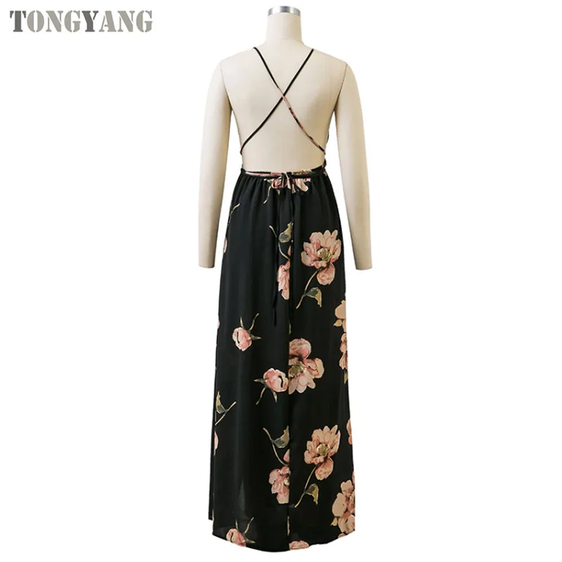 TONGYANG Summer Maxi Dress Women Floral Print Dress V-Neck Sleeveless Spaghetti Strap Backless Side Split Sexy Long Dress