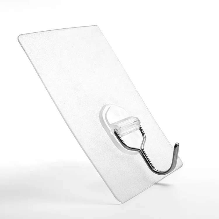8*9 cm heavy duty transparent Stainless Steel  self-adhesive wall mounted plastic hooks wall sticky hanger