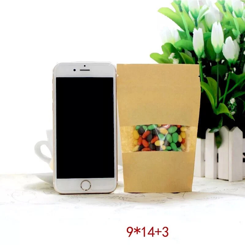 9*14 пакеты с застежкой-молнией для упаковки сухих продуктов из крафт-бумаги, стоячие мешочки с прозрачным окном