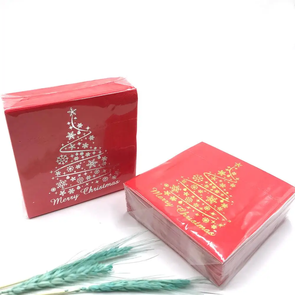 2020 г., высококачественные бумажные салфетки с принтом рождественской елки и золотой фольги, бумажные салфетки и салфетки, обеденные салфетки с флексографическим принтом