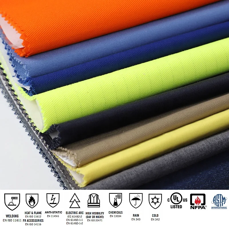 
EN11611 11612 excellent strength fluoresce in HV yellow Modacrylic protex fr workwear fabric 