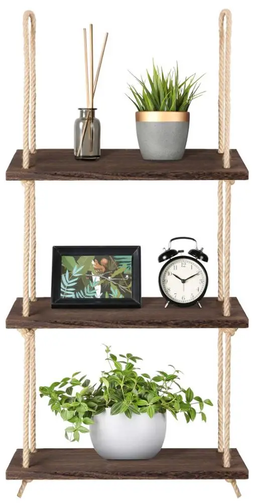 Wood Hanging Shelf Wall Swing Storage Shelves Jute Rope Organizer Rack, 3 Tier