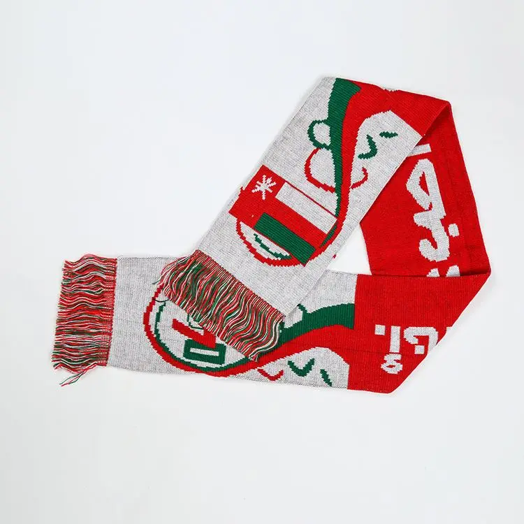 Оптовая продажа, шарф с логотипом на заказ, акриловый вязаный жаккардовый шарф для футбольных фанатов с красной вышивкой, сублимация