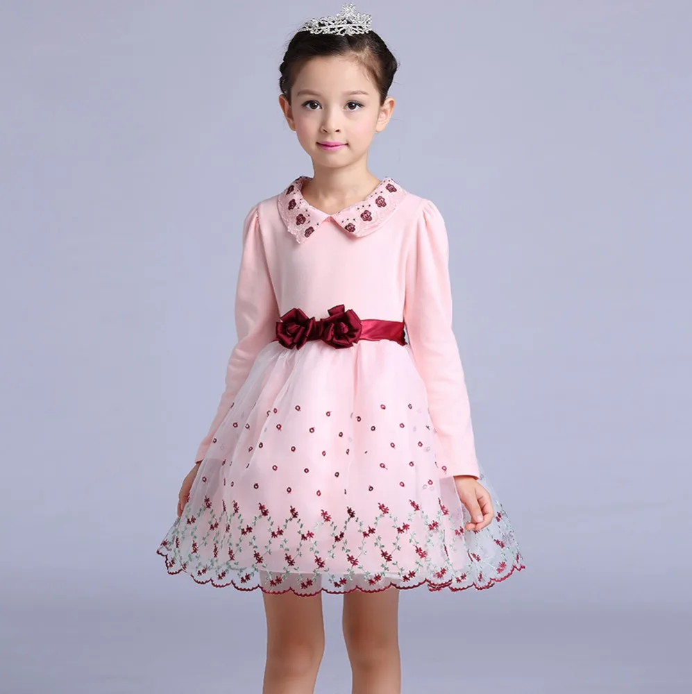 Retail Pink princess flower Embroidery Girls Pageant Dresses Long Sleeve Weddings Cheap Little Girl Party Dress