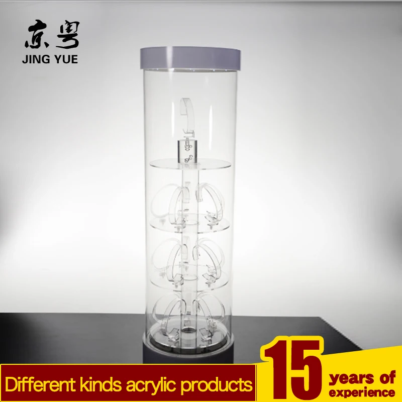 Factory custom Led rotating round cylinder pmma plexiglass acrylic watch display box shelf acrylic watch display showcase