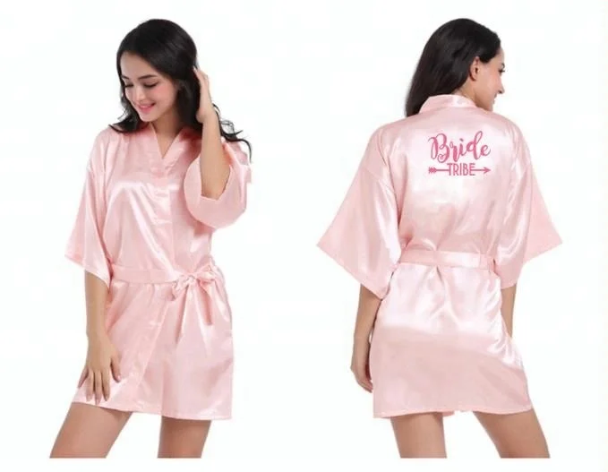 
C&Fung design Bride Wedding Day Robe neon pink letters printed Bride tribe Satin Robe Lingerie Shower Gift Bridesmaid robes 