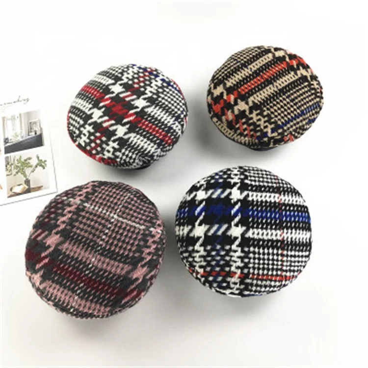 Winter High Quality Vintage Plaid Wool Stitching Check Ladies Army Beret