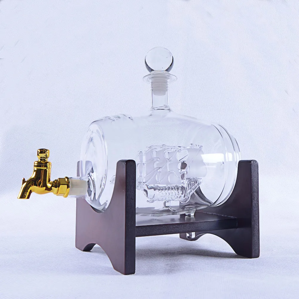 1000ML Dispenser for Liquor High Borosilicate Glass Barrel Decanter with Wood Stand