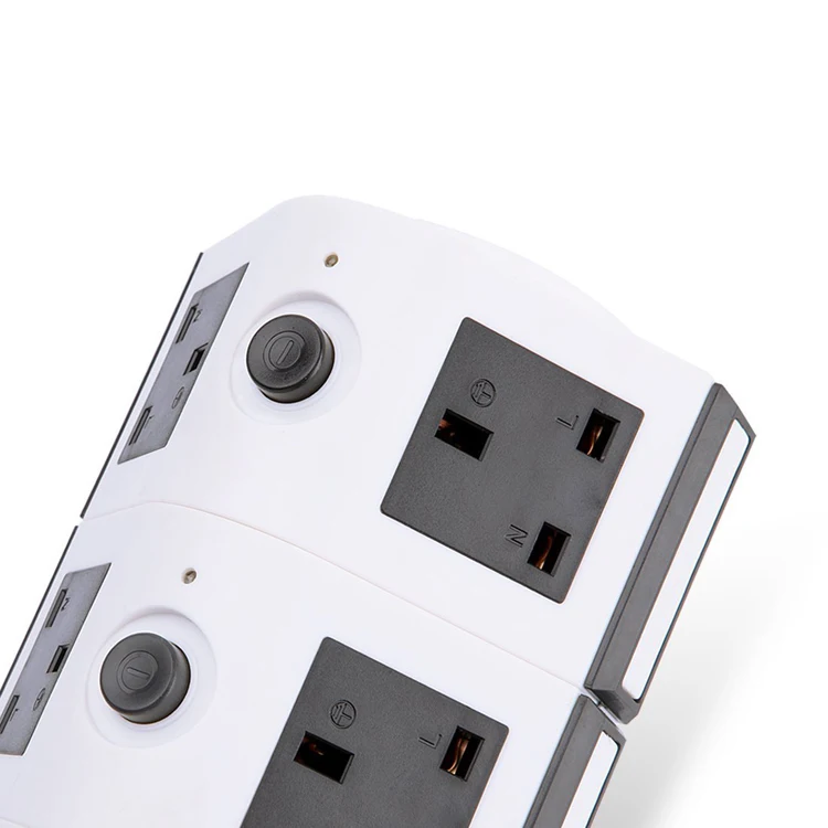 UK Type Multi Plug Tower Socket 5 Outlet 2 USB Port Power Strip Surge Protector With 13 Amp Overload Protector Individual Switch